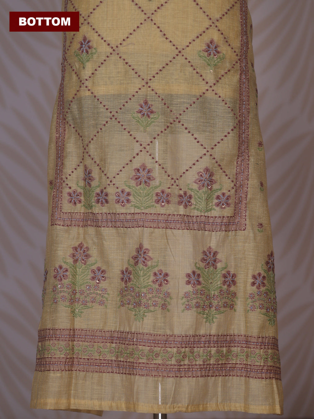 Pale Yellow Linen Cotton Dress Material With Allover Kantha Stitch Work Pattern