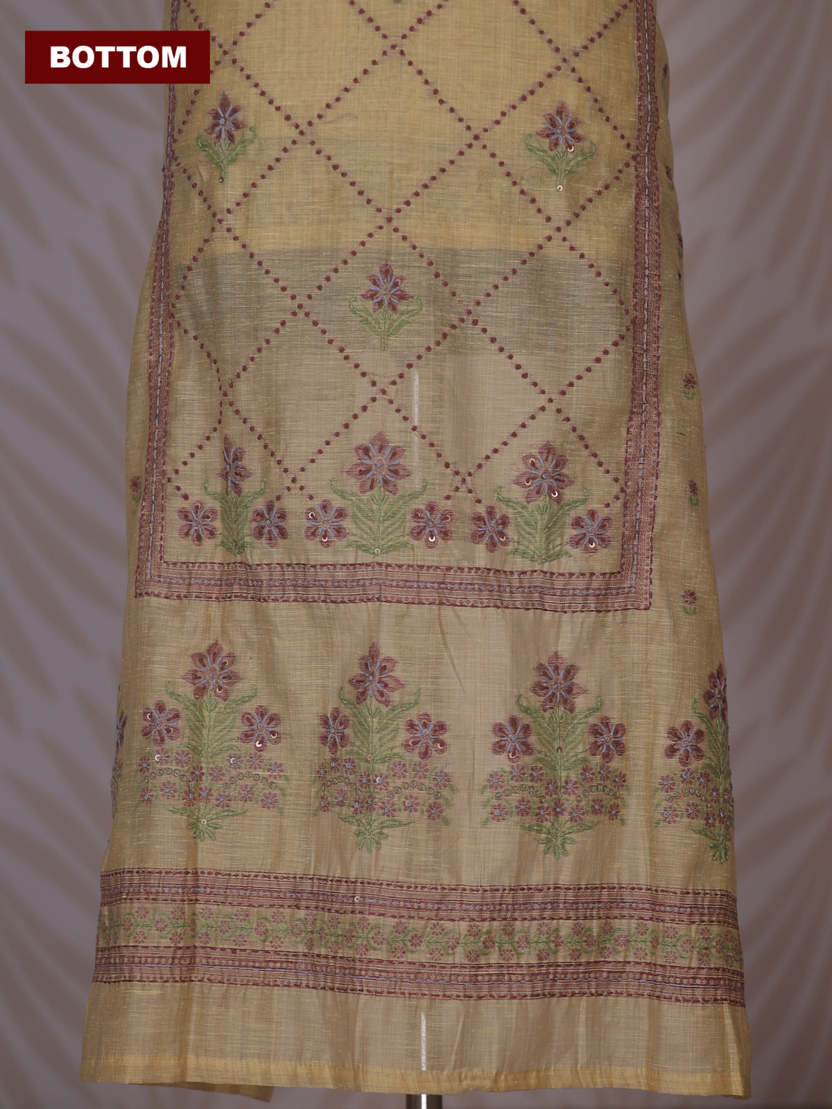 Pale Yellow Linen Cotton Dress Material With Allover Kantha Stitch Work Pattern