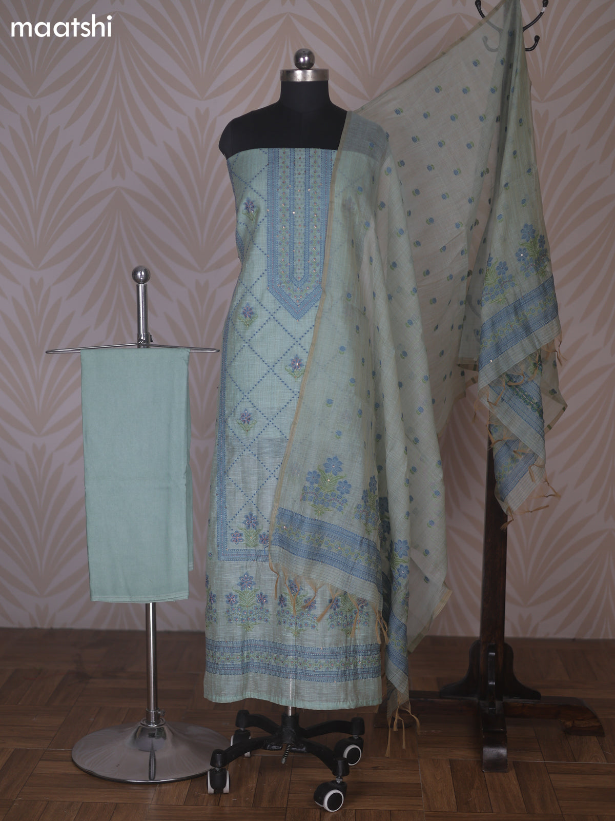Teal Shade Linen Cotton Dress Material With Allover Kantha Stitch Work Pattern