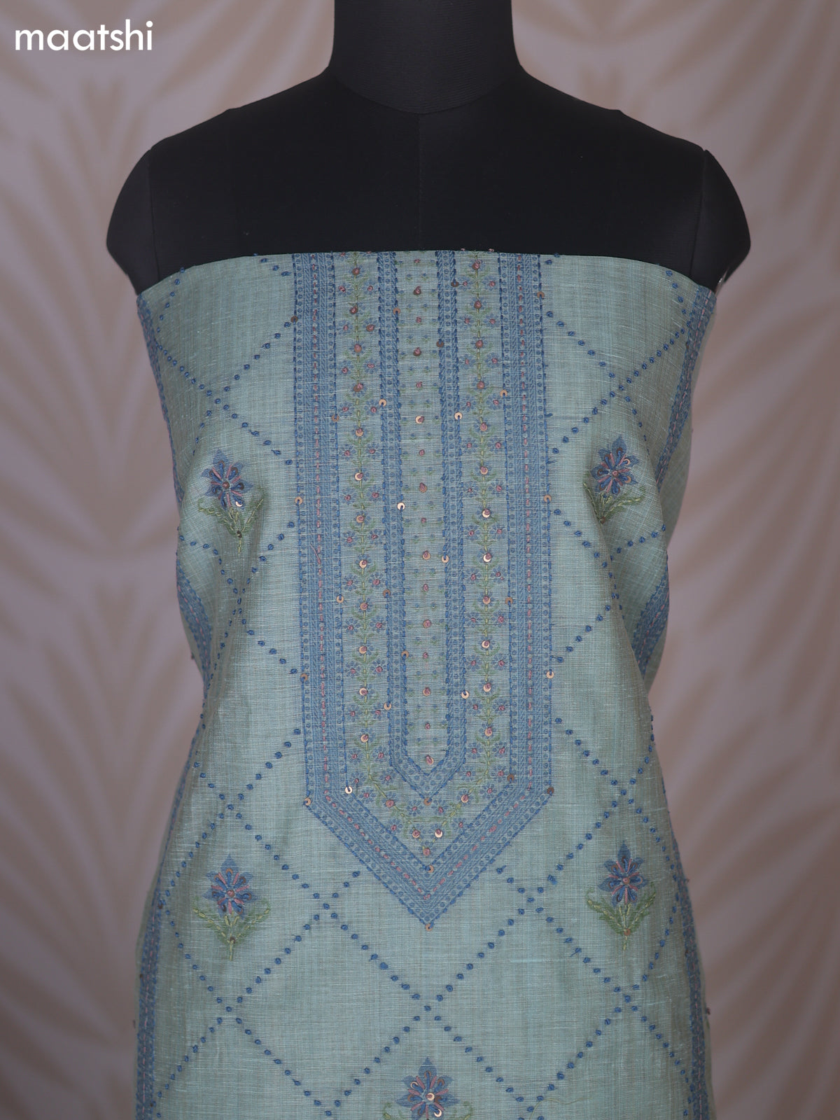 Teal Shade Linen Cotton Dress Material With Allover Kantha Stitch Work Pattern