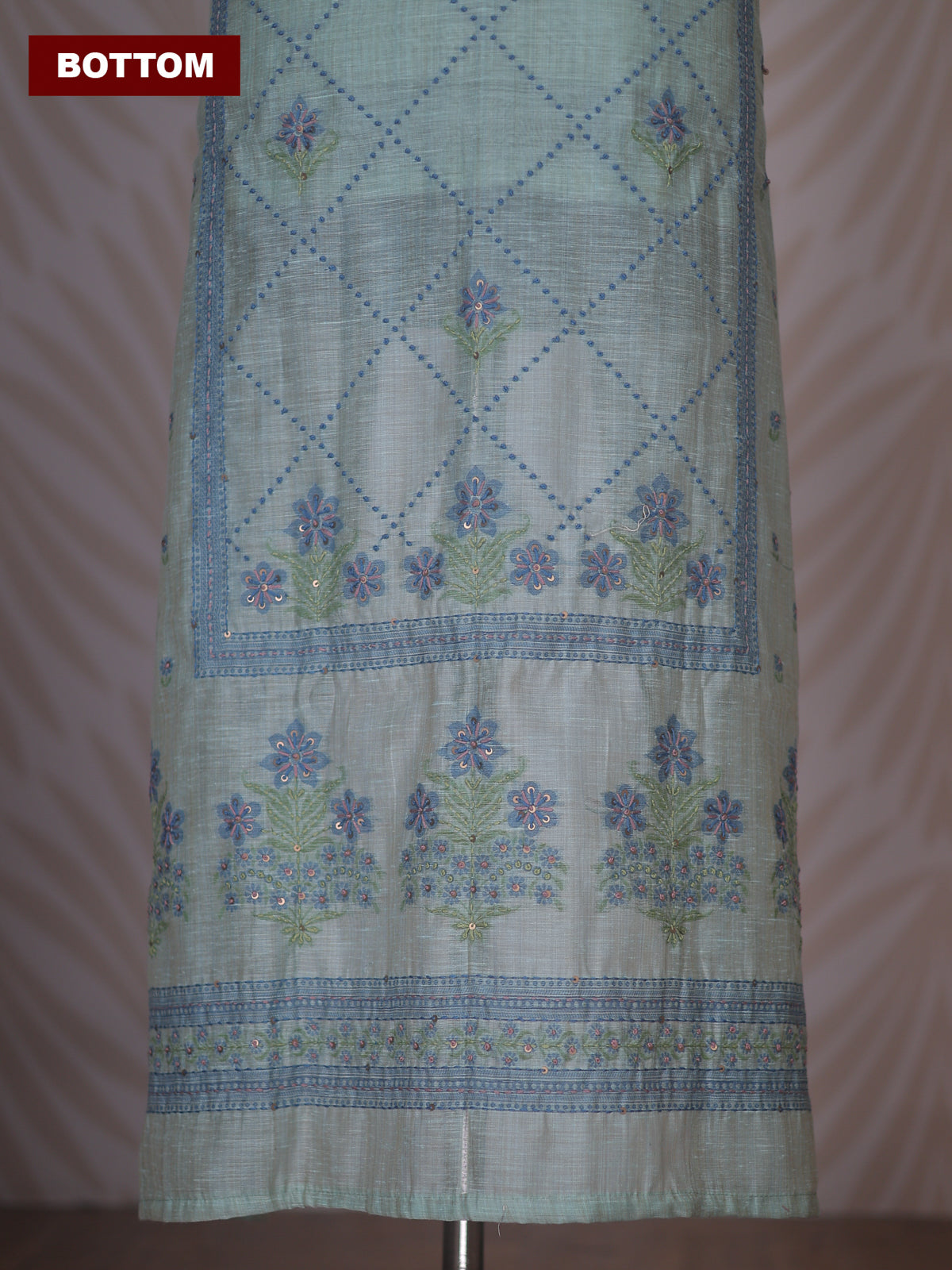Teal Shade Linen Cotton Dress Material With Allover Kantha Stitch Work Pattern