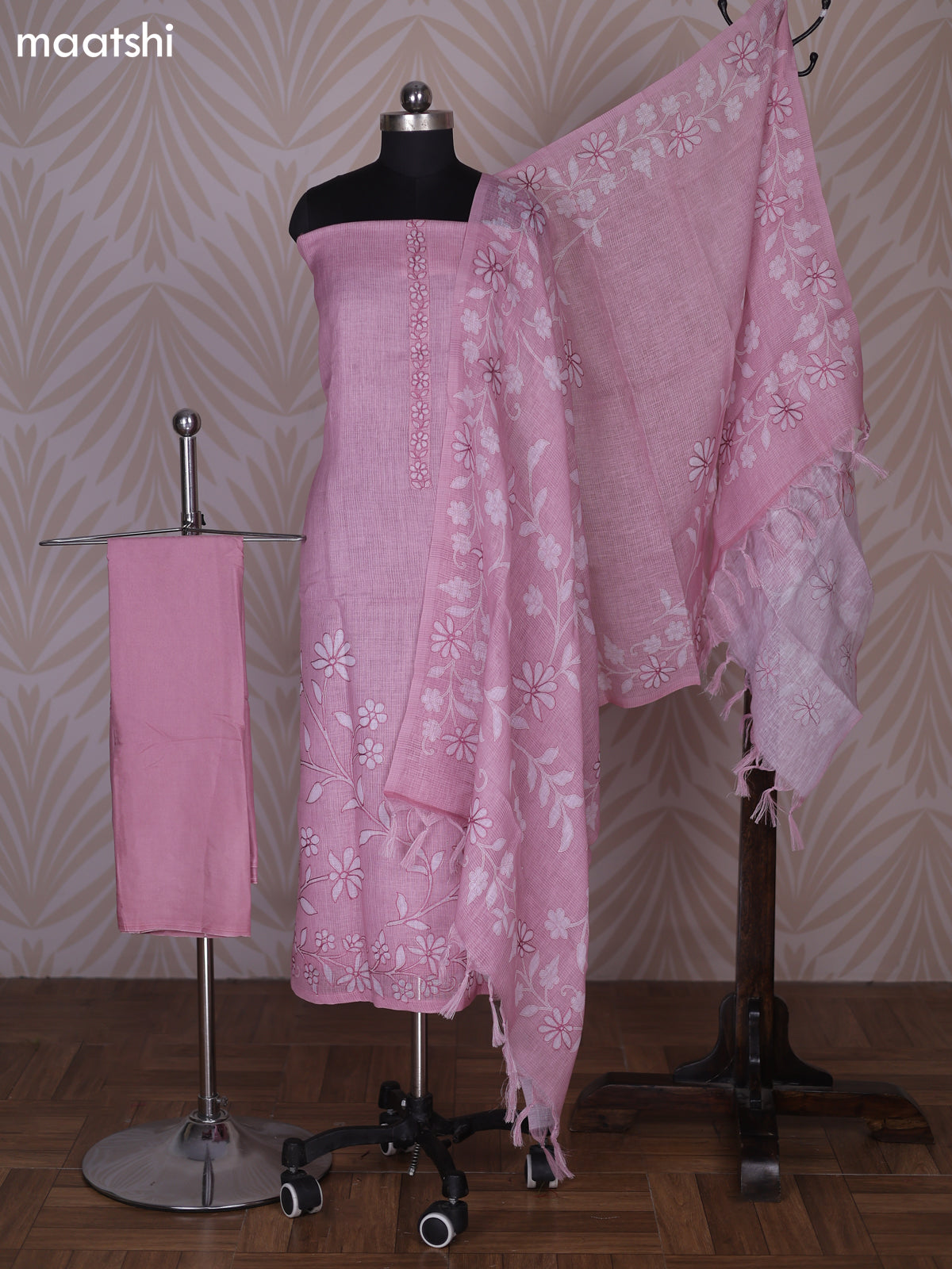 Peach Pink and Off White Linen Cotton Dress Material With Floral Embroidery Work Neck Pattern