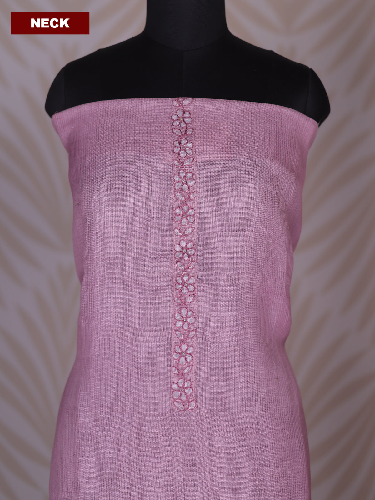 Peach Pink and Off White Linen Cotton Dress Material With Floral Embroidery Work Neck Pattern