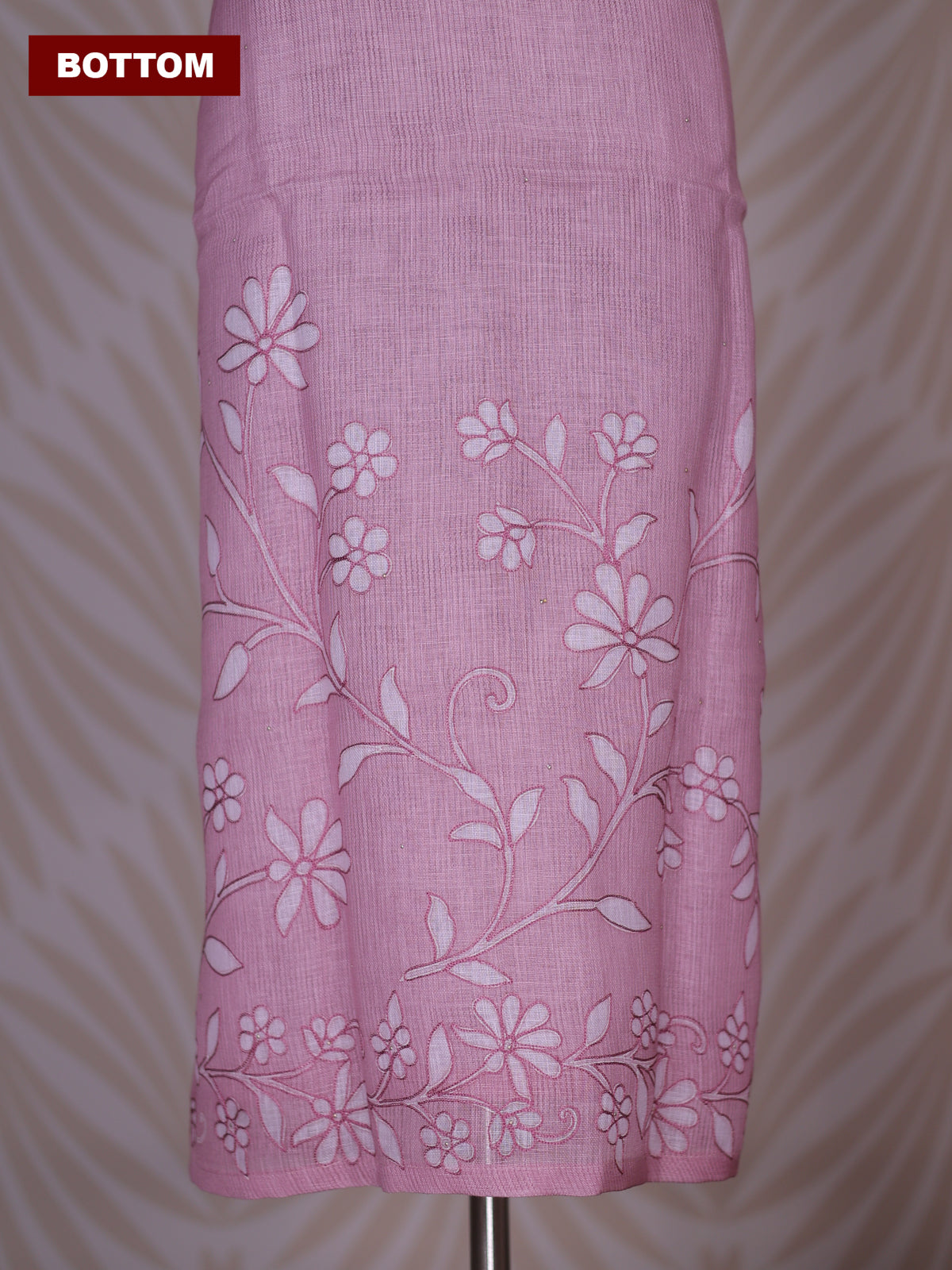 Peach Pink and Off White Linen Cotton Dress Material With Floral Embroidery Work Neck Pattern