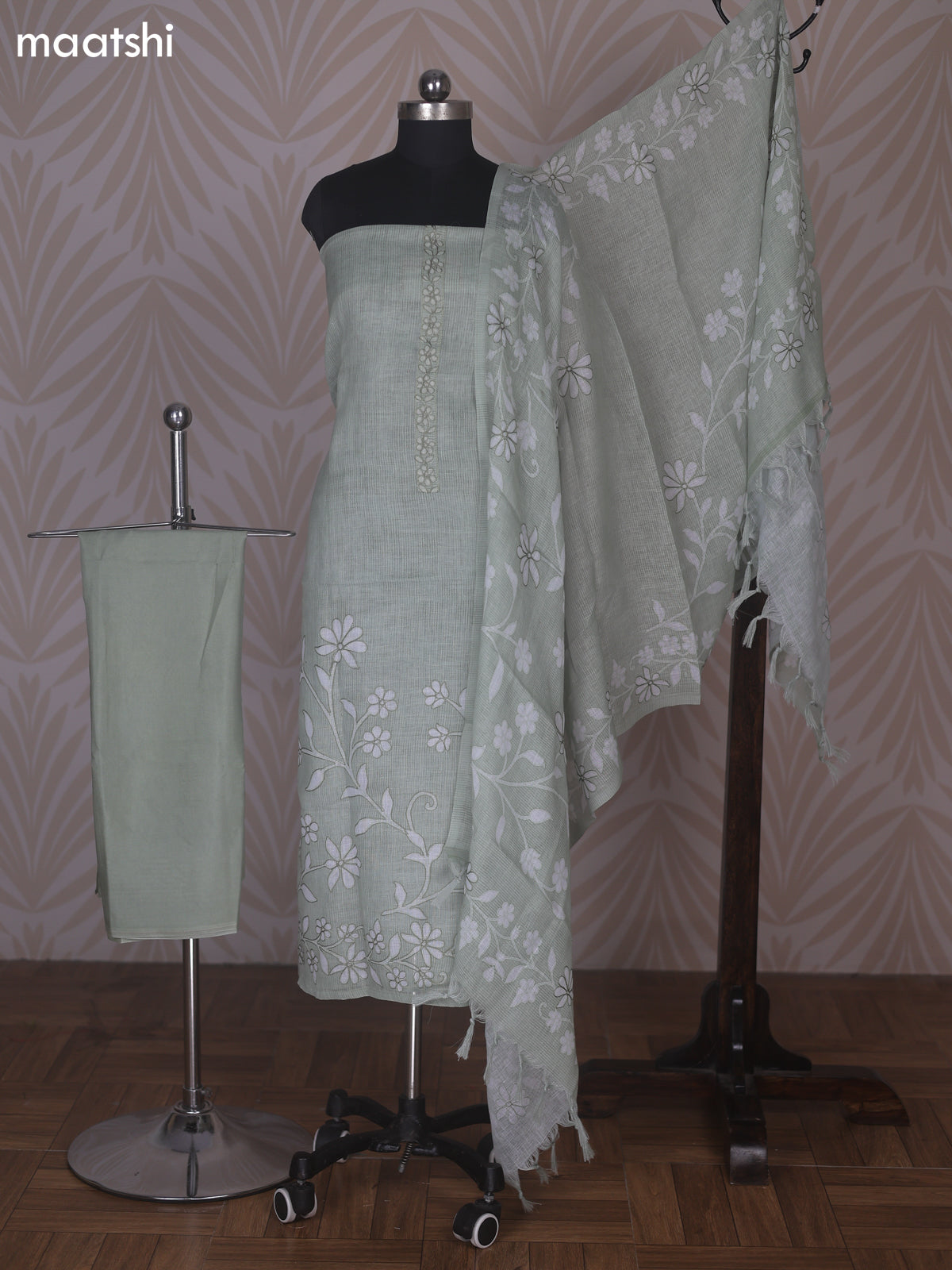 Pastel Green and Off White Linen Cotton Dress Material With Floral Embroidery Work Neck Pattern