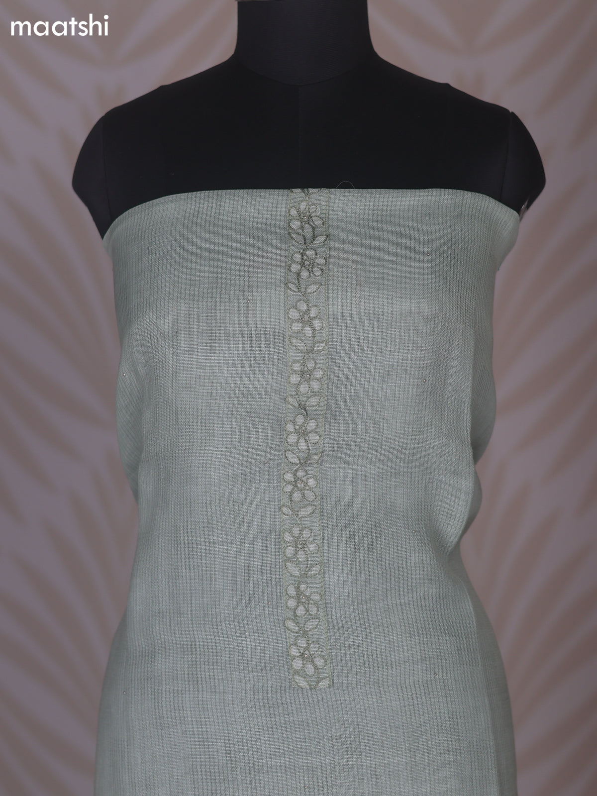 Pastel Green and Off White Linen Cotton Dress Material With Floral Embroidery Work Neck Pattern