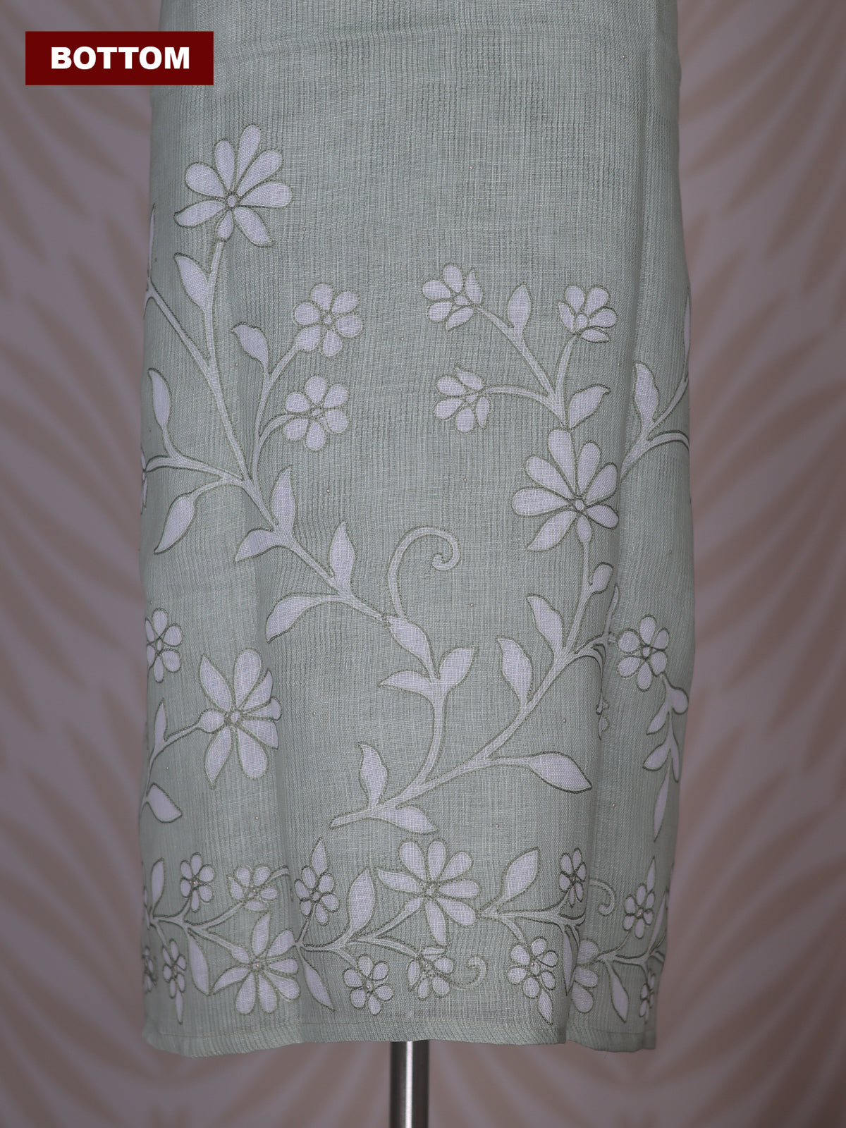 Pastel Green and Off White Linen Cotton Dress Material With Floral Embroidery Work Neck Pattern