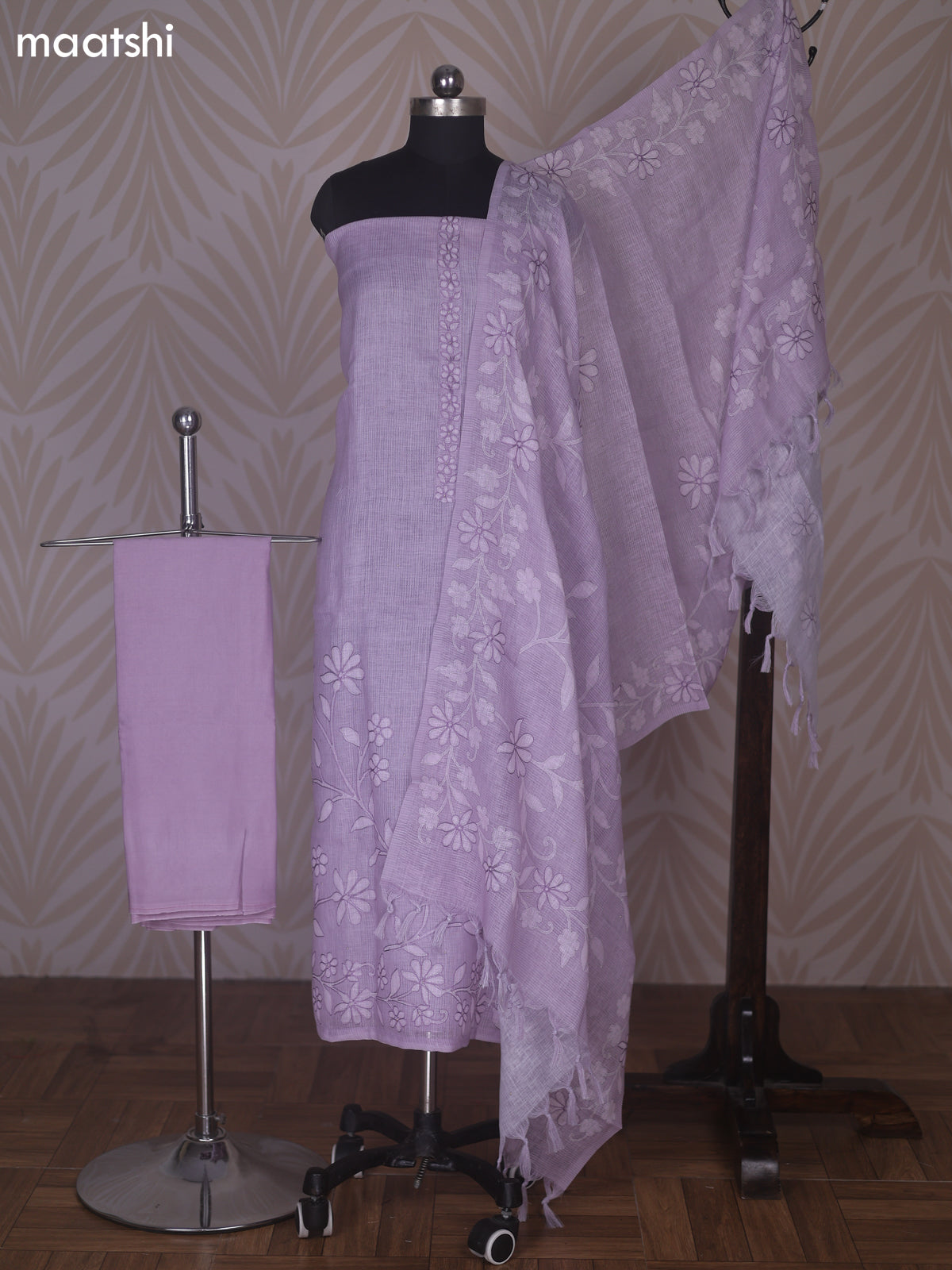 Pastel Lavender and Off White Linen Cotton Dress Material With Floral Embroidery Work Neck Pattern