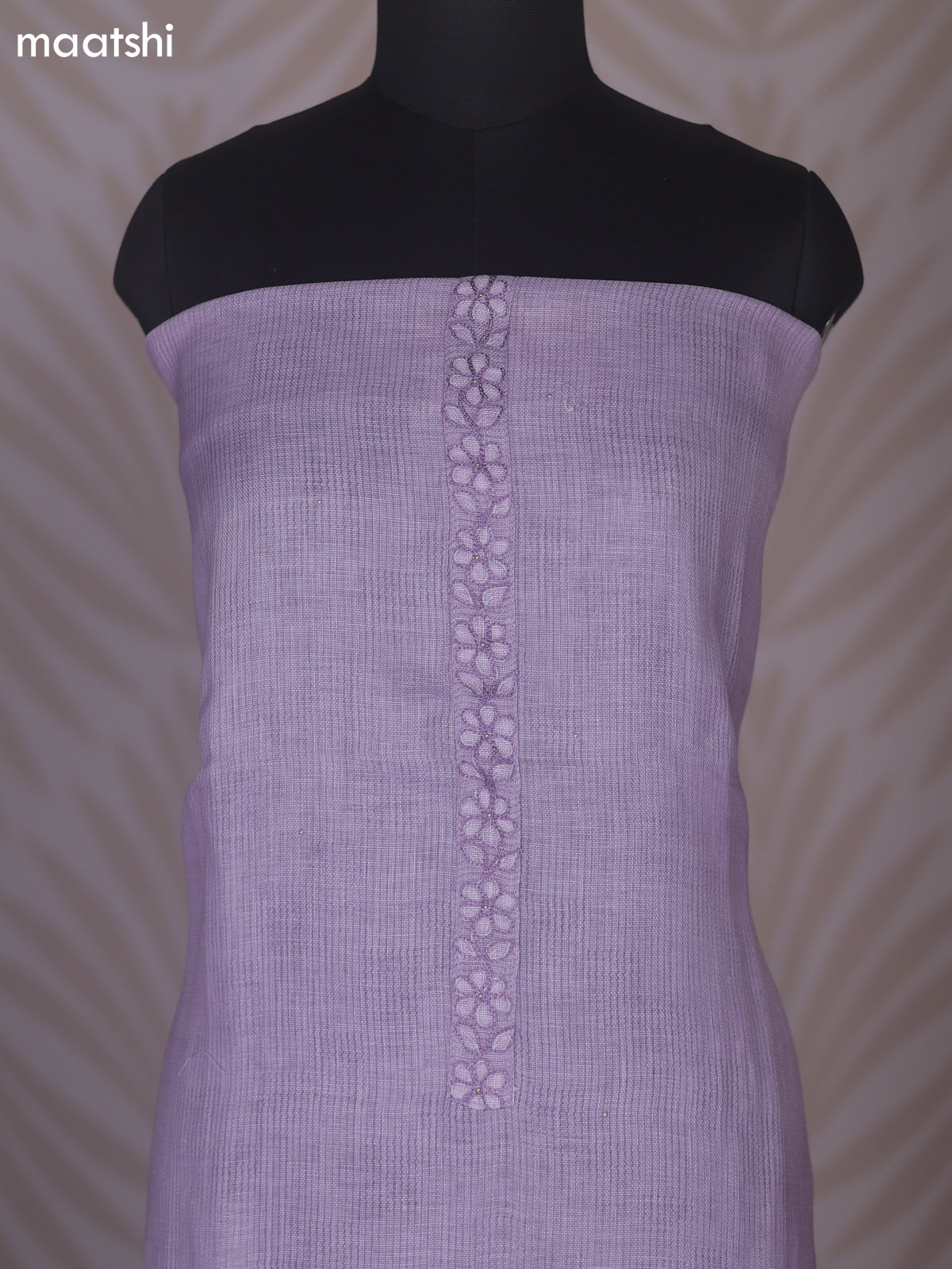 Pastel Lavender and Off White Linen Cotton Dress Material With Floral Embroidery Work Neck Pattern