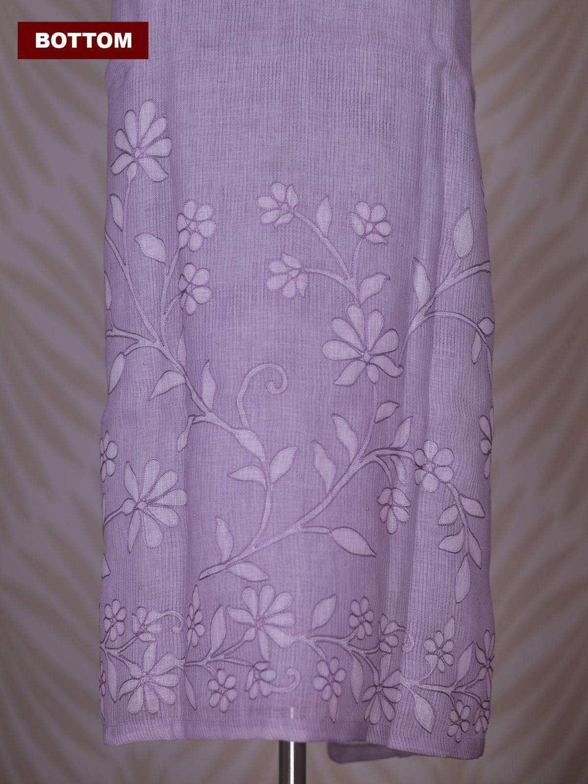 Pastel Lavender and Off White Linen Cotton Dress Material With Floral Embroidery Work Neck Pattern