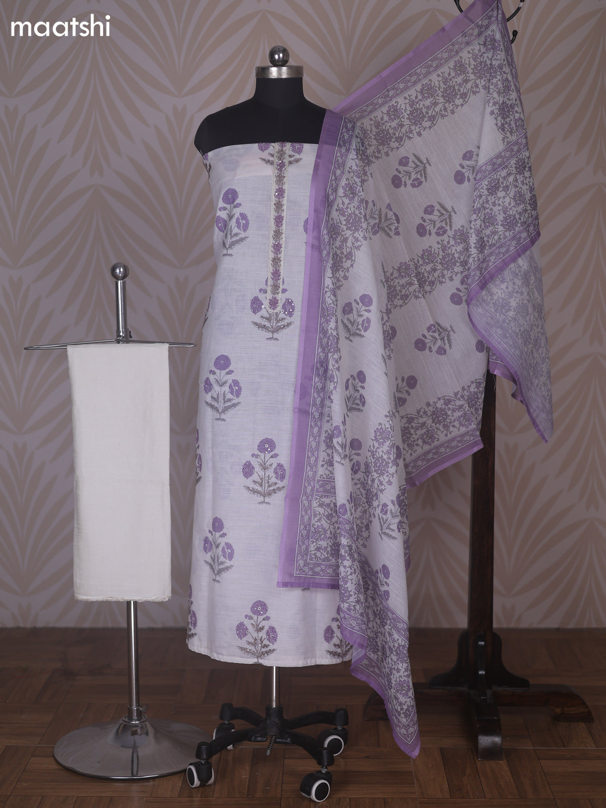 Off White and Lavender Linen Cotton Dress Material With Floral Prints Buttas & Embroidery Work Neck Pattern