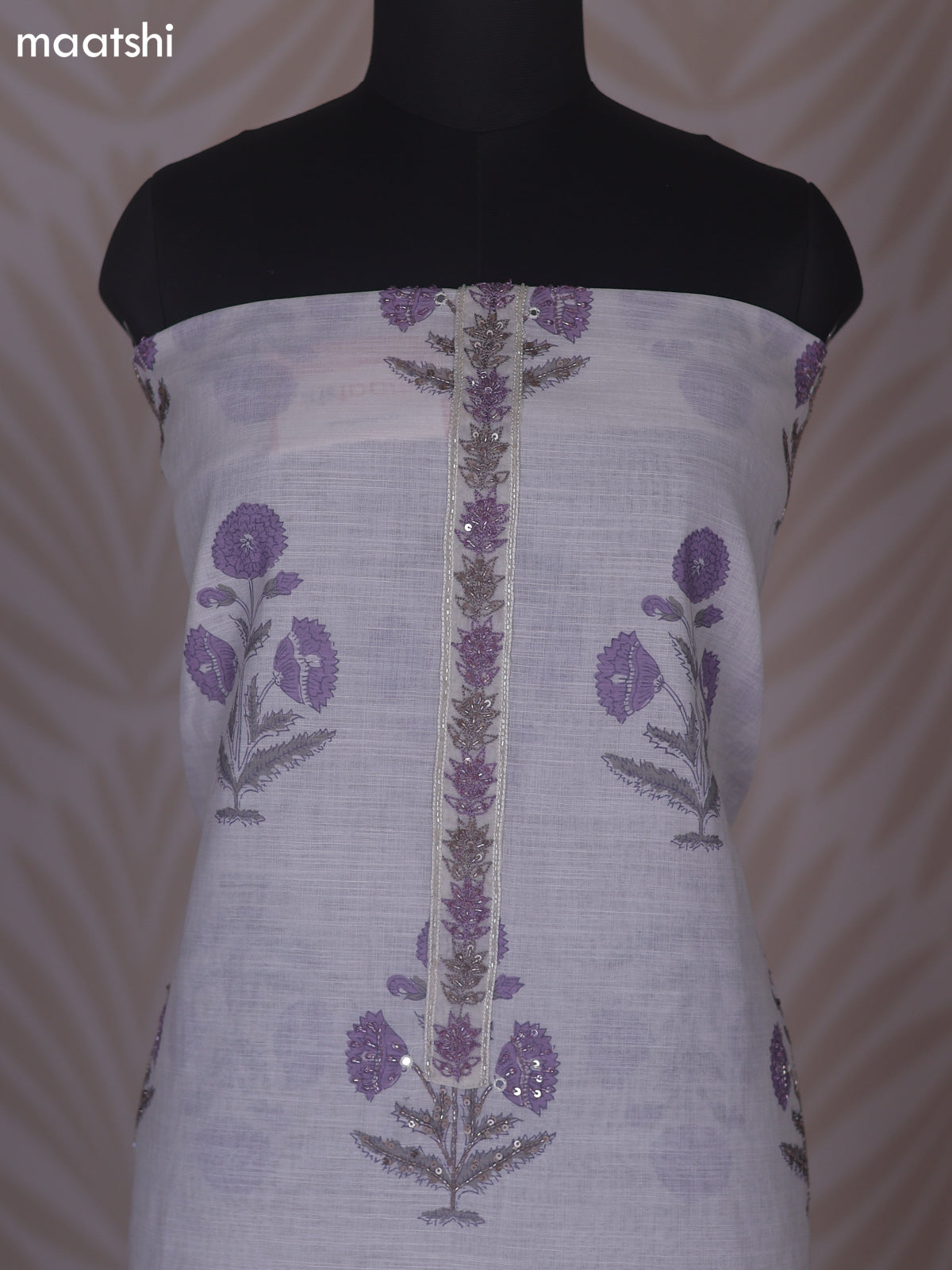 Off White and Lavender Linen Cotton Dress Material With Floral Prints Buttas & Embroidery Work Neck Pattern