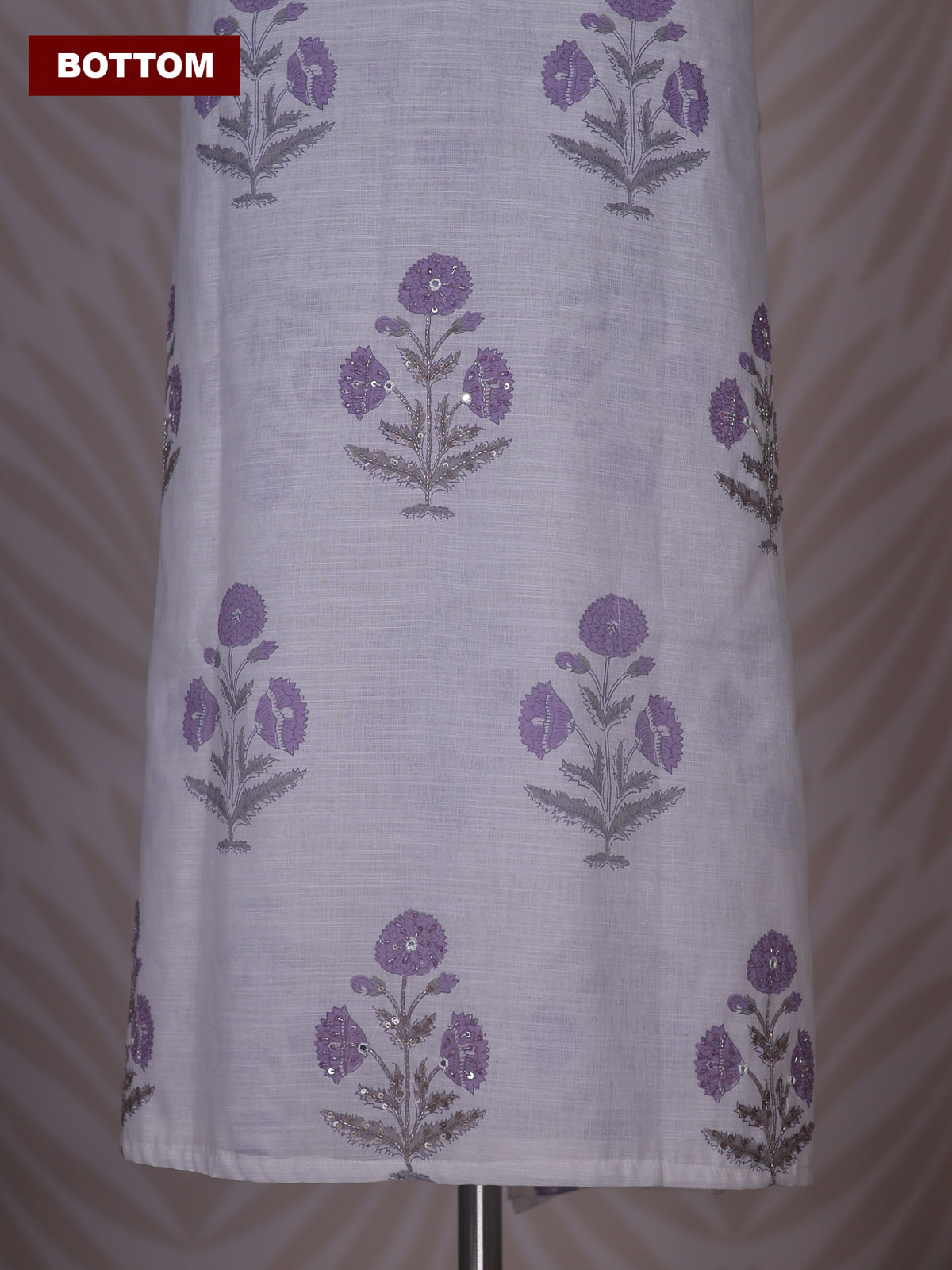 Off White and Lavender Linen Cotton Dress Material With Floral Prints Buttas & Embroidery Work Neck Pattern
