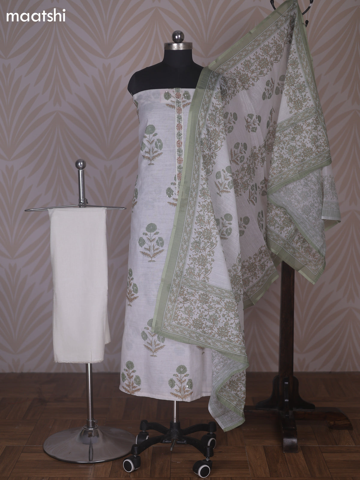 Off White and Green Linen Cotton Dress Material With Floral Prints Buttas & Embroidery Work Neck Pattern