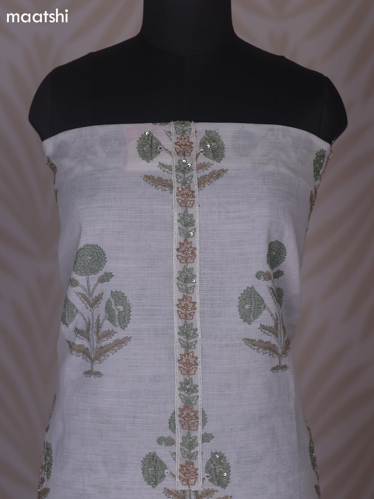 Off White and Green Linen Cotton Dress Material With Floral Prints Buttas & Embroidery Work Neck Pattern