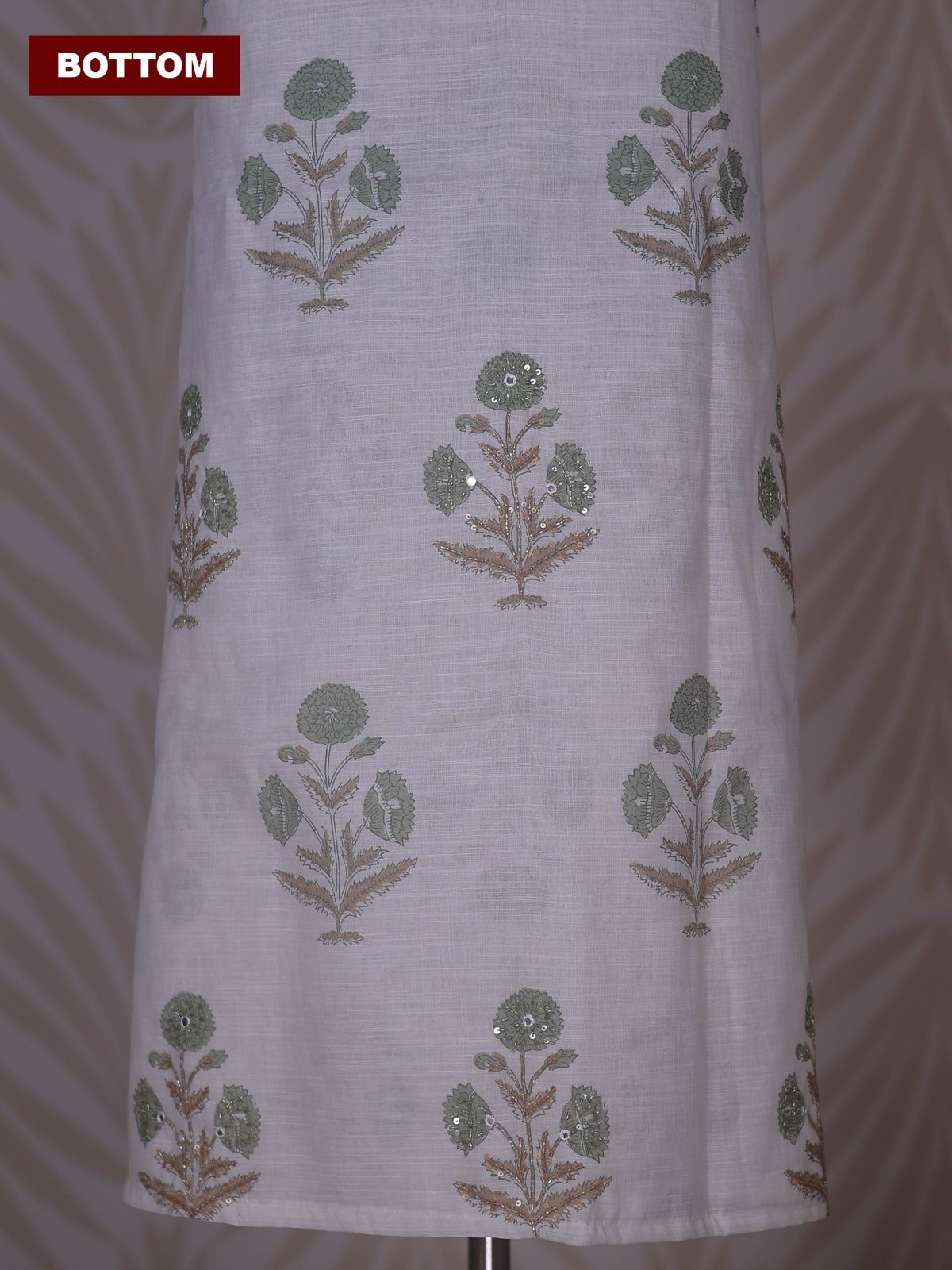 Off White and Green Linen Cotton Dress Material With Floral Prints Buttas & Embroidery Work Neck Pattern