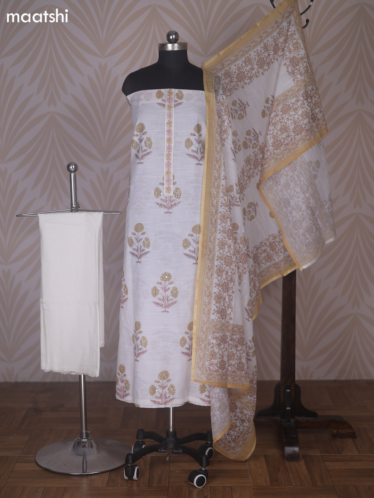 Off White and Mustard Yellow Linen Cotton Dress Material With Floral Prints Buttas & Embroidery Work Neck Pattern