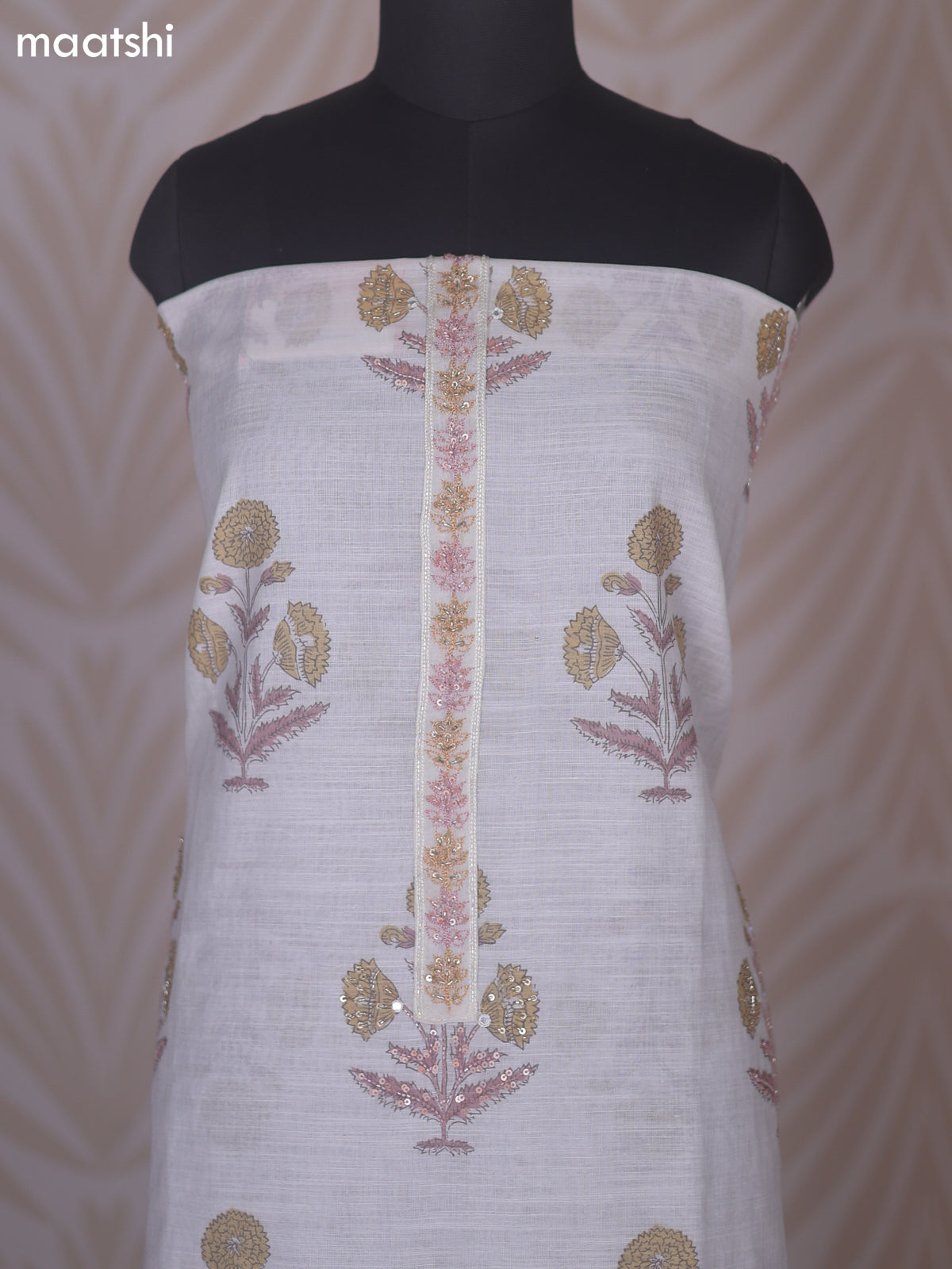 Off White and Mustard Yellow Linen Cotton Dress Material With Floral Prints Buttas & Embroidery Work Neck Pattern