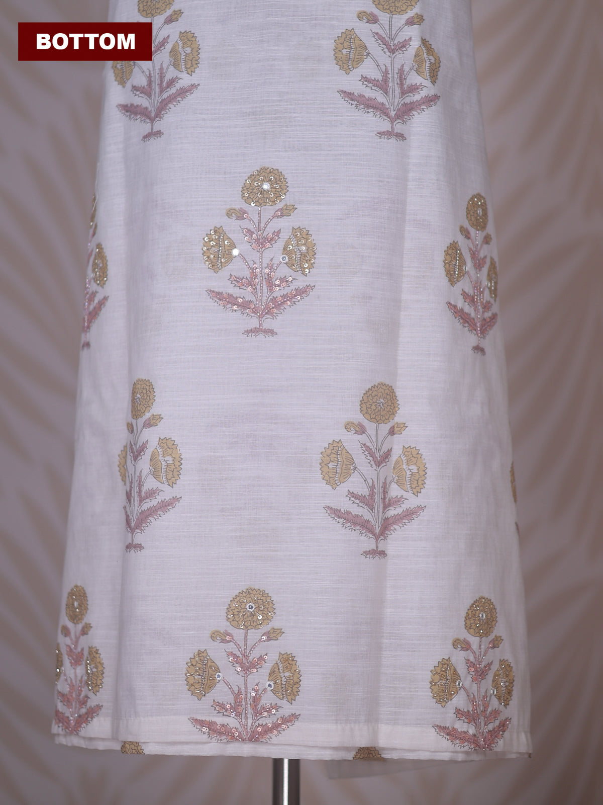Off White and Mustard Yellow Linen Cotton Dress Material With Floral Prints Buttas & Embroidery Work Neck Pattern