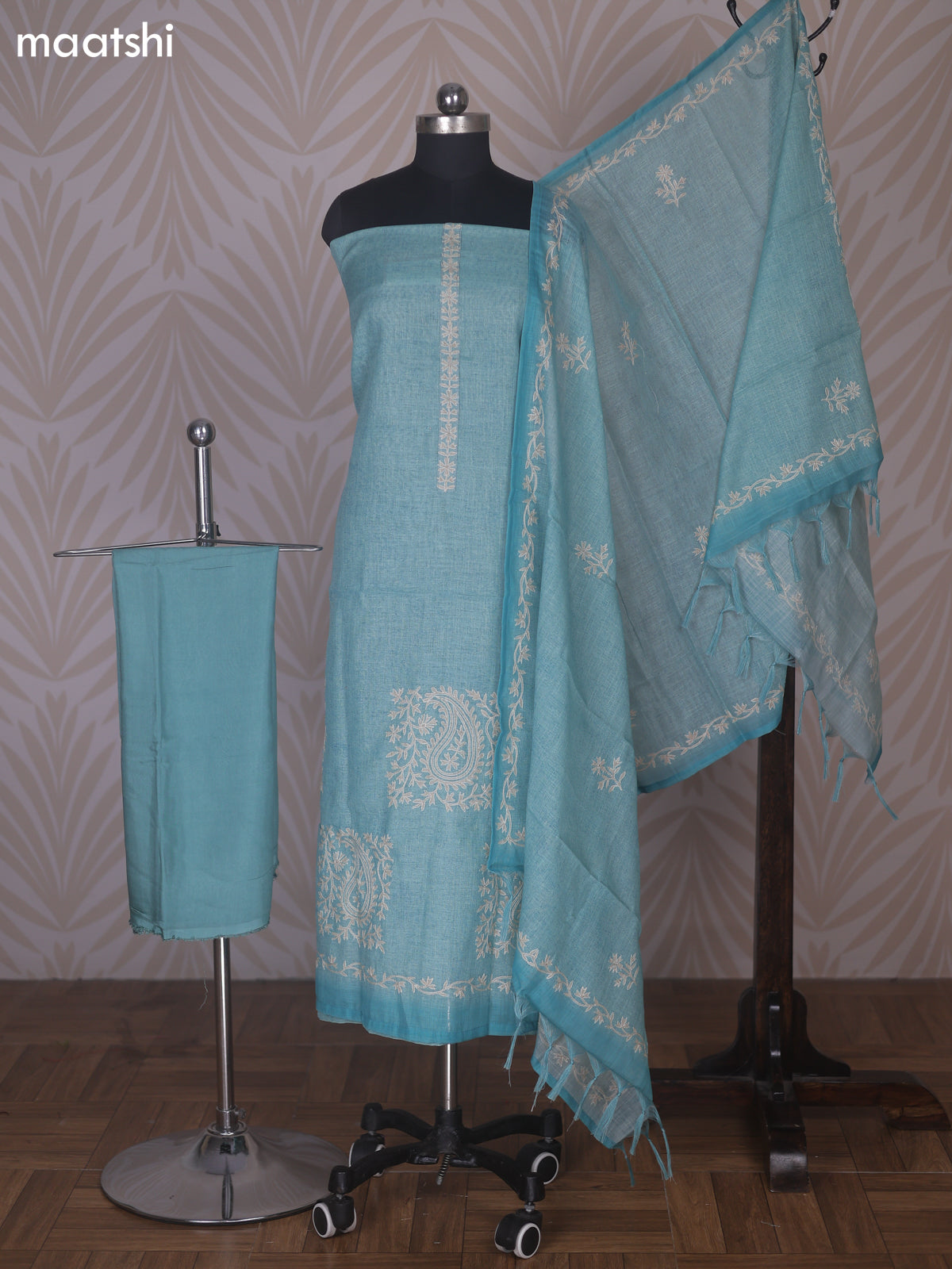 Teal Shade Linen Cotton Dress Material With Floral Embroidery Work Neck Pattern