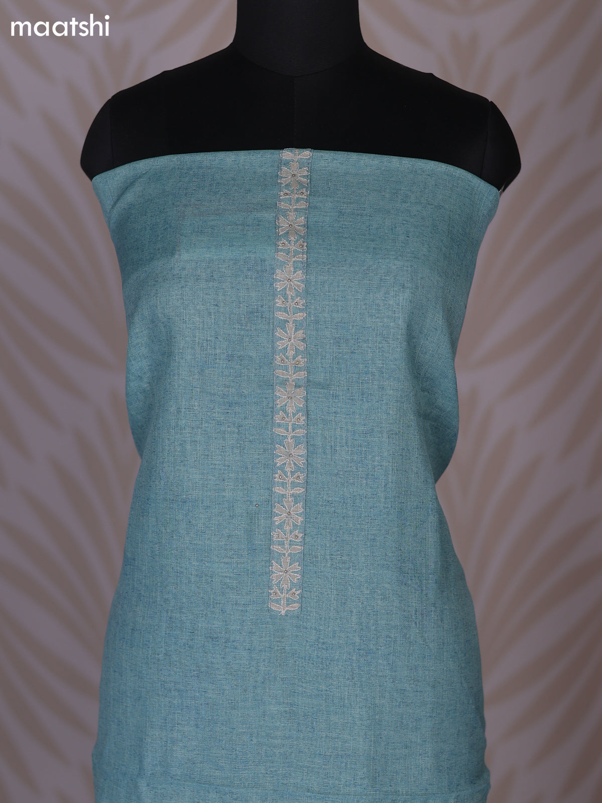 Teal Shade Linen Cotton Dress Material With Floral Embroidery Work Neck Pattern