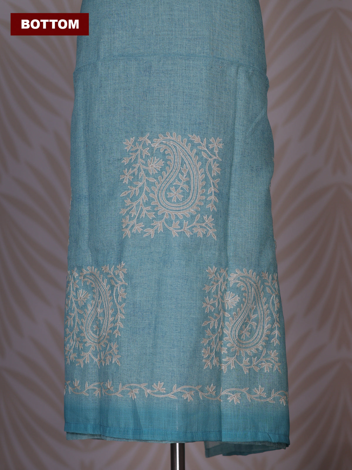 Teal Shade Linen Cotton Dress Material With Floral Embroidery Work Neck Pattern