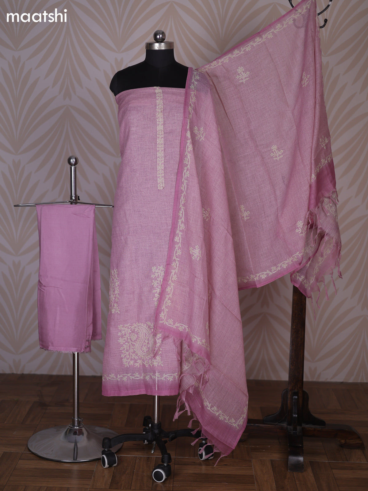 Peach Pink Linen Cotton Dress Material With Floral Embroidery Work Neck Pattern