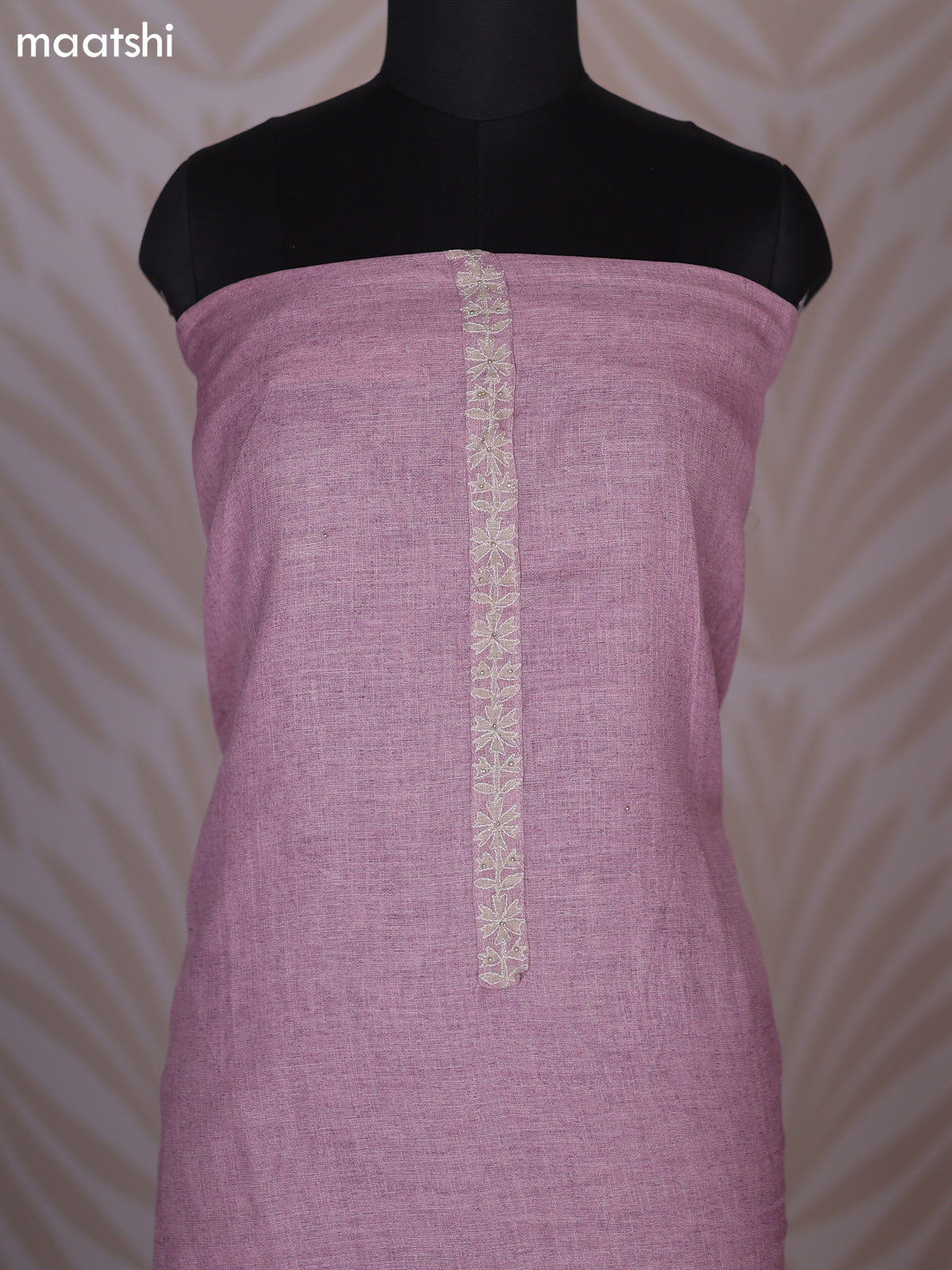 Peach Pink Linen Cotton Dress Material With Floral Embroidery Work Neck Pattern