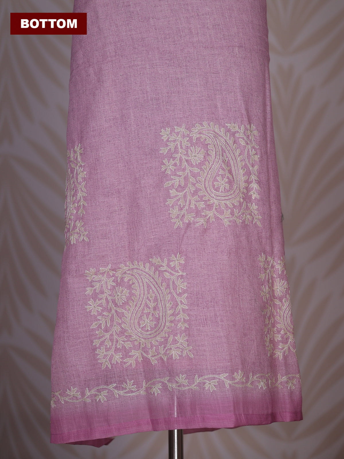 Peach Pink Linen Cotton Dress Material With Floral Embroidery Work Neck Pattern