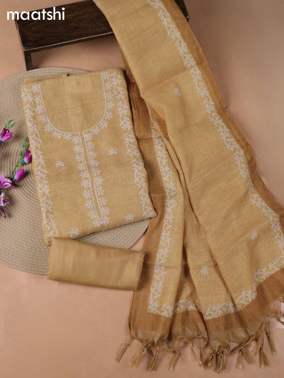 Yellow Tissue Linen Dress Material With Embroidery Work Neck Pattern