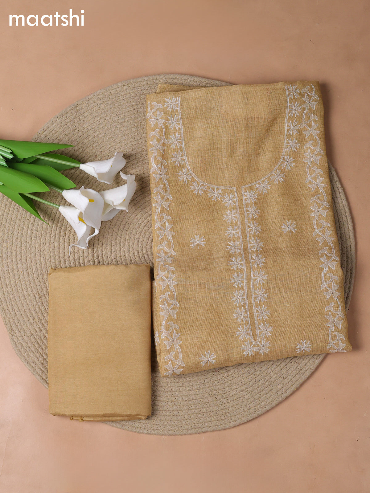 Yellow Tissue Linen Dress Material With Embroidery Work Neck Pattern