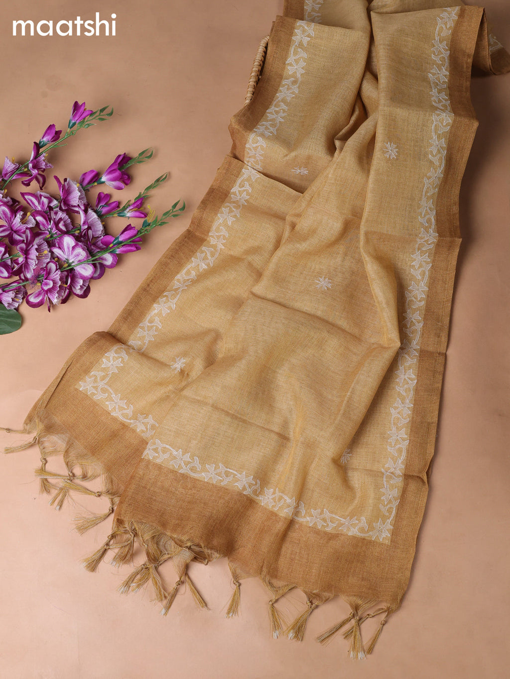 Yellow Tissue Linen Dress Material With Embroidery Work Neck Pattern