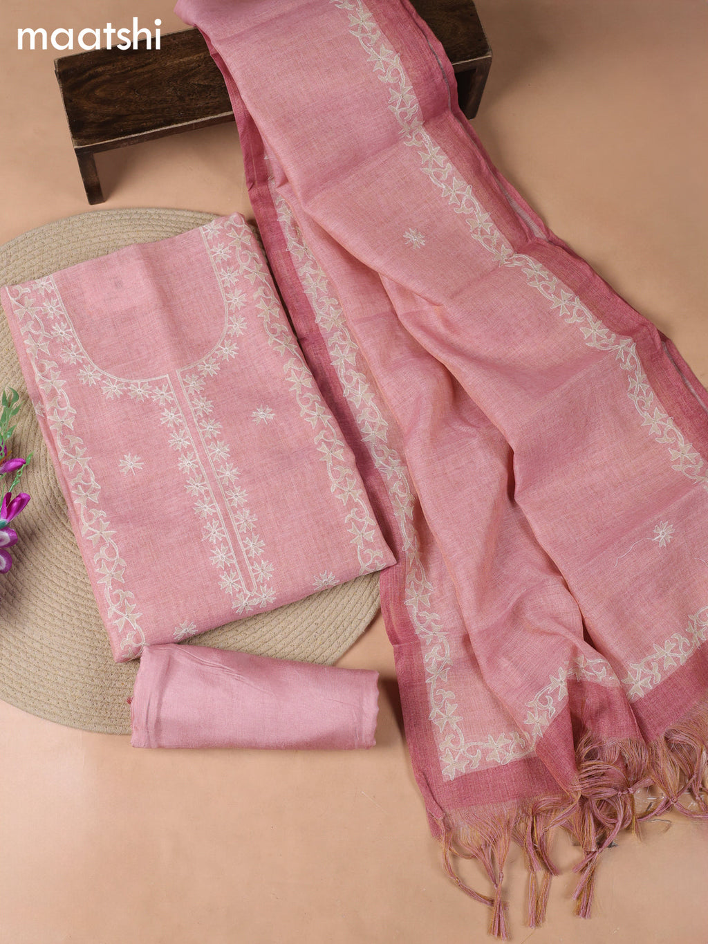 Pink Tissue Linen Dress Material With Embroidery Work Neck Pattern