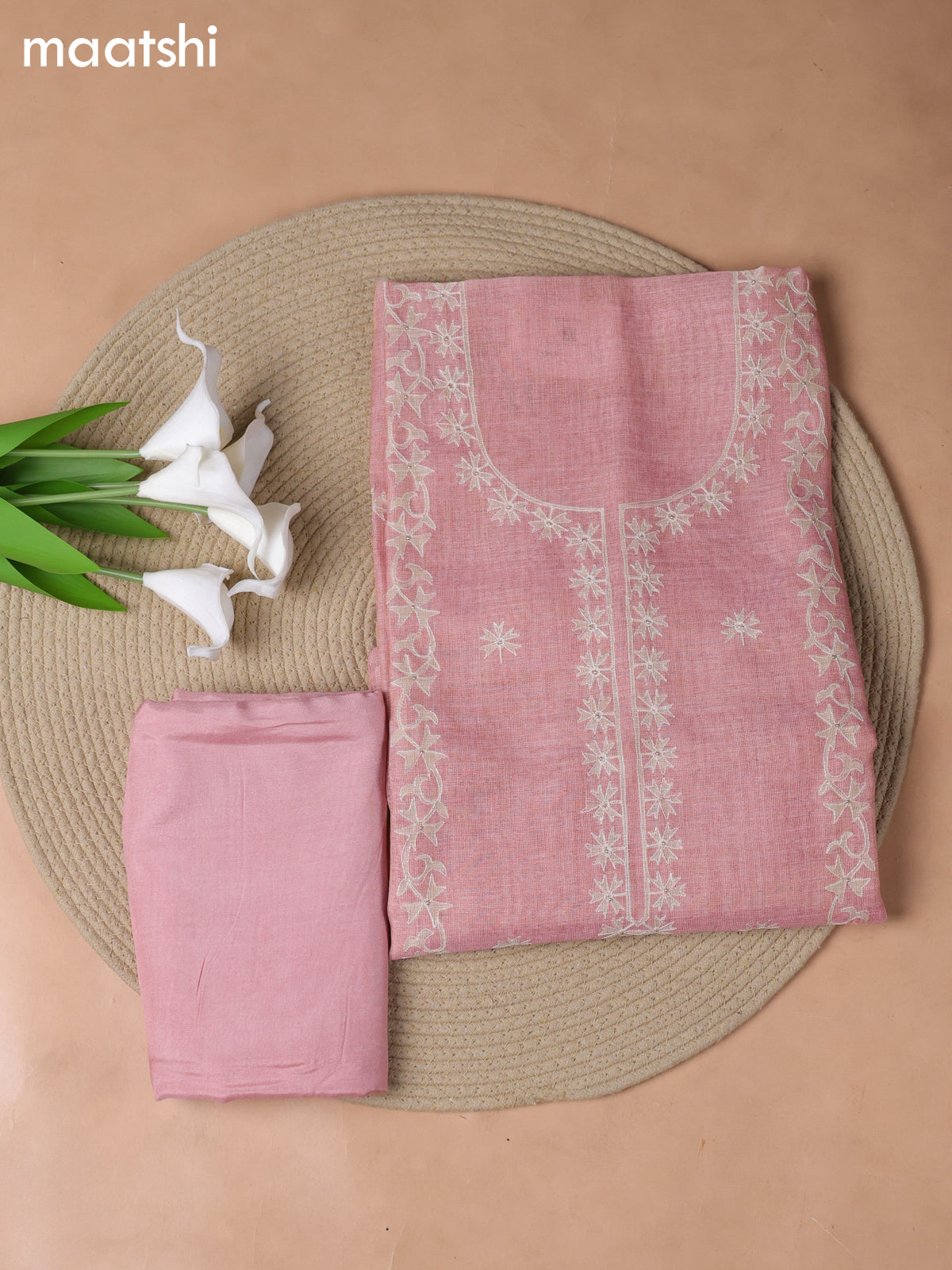 Pink Tissue Linen Dress Material With Embroidery Work Neck Pattern