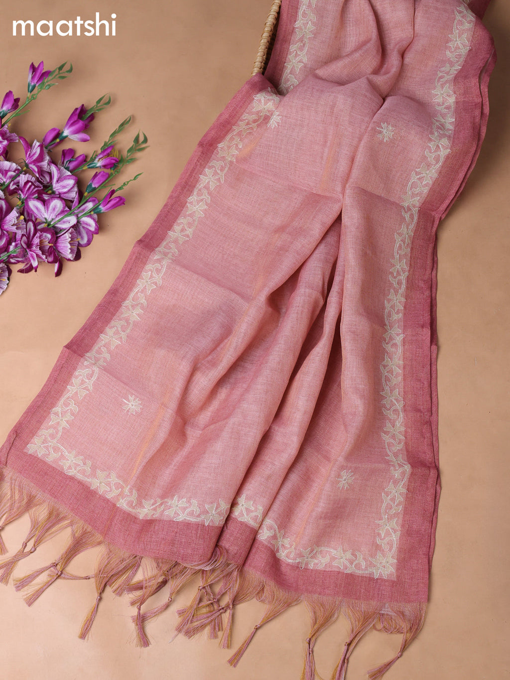 Pink Tissue Linen Dress Material With Embroidery Work Neck Pattern