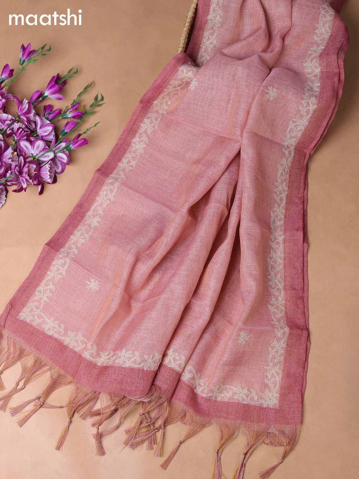 Pink Tissue Linen Dress Material With Embroidery Work Neck Pattern
