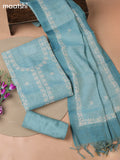 Teal Blue Tissue Linen Dress Material With Embroidery Work Neck Pattern