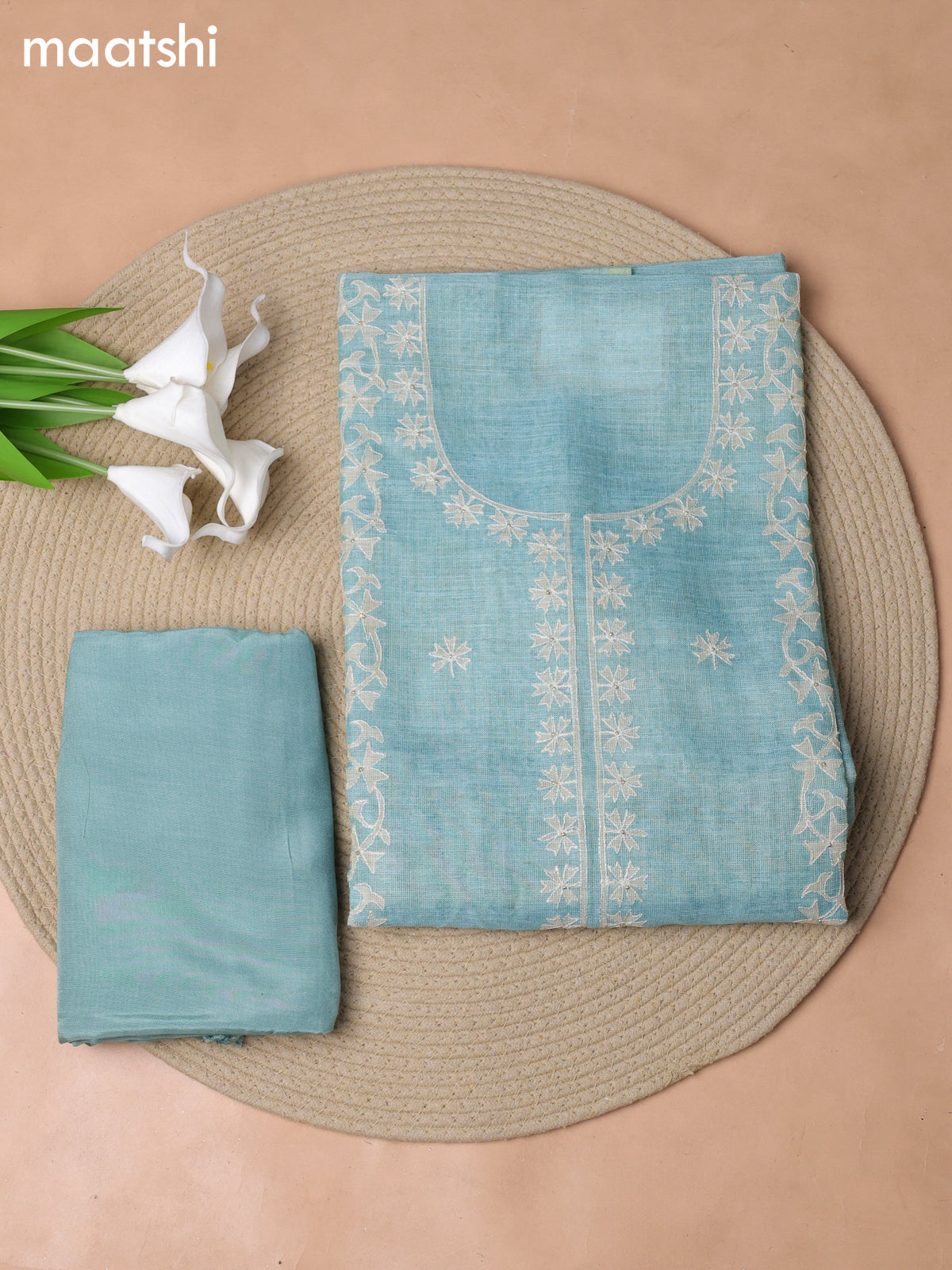 Teal Blue Tissue Linen Dress Material With Embroidery Work Neck Pattern
