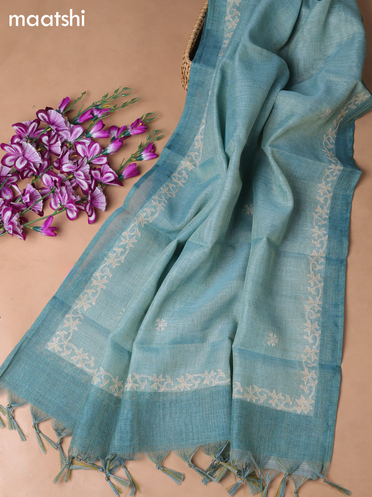 Teal Blue Tissue Linen Dress Material With Embroidery Work Neck Pattern