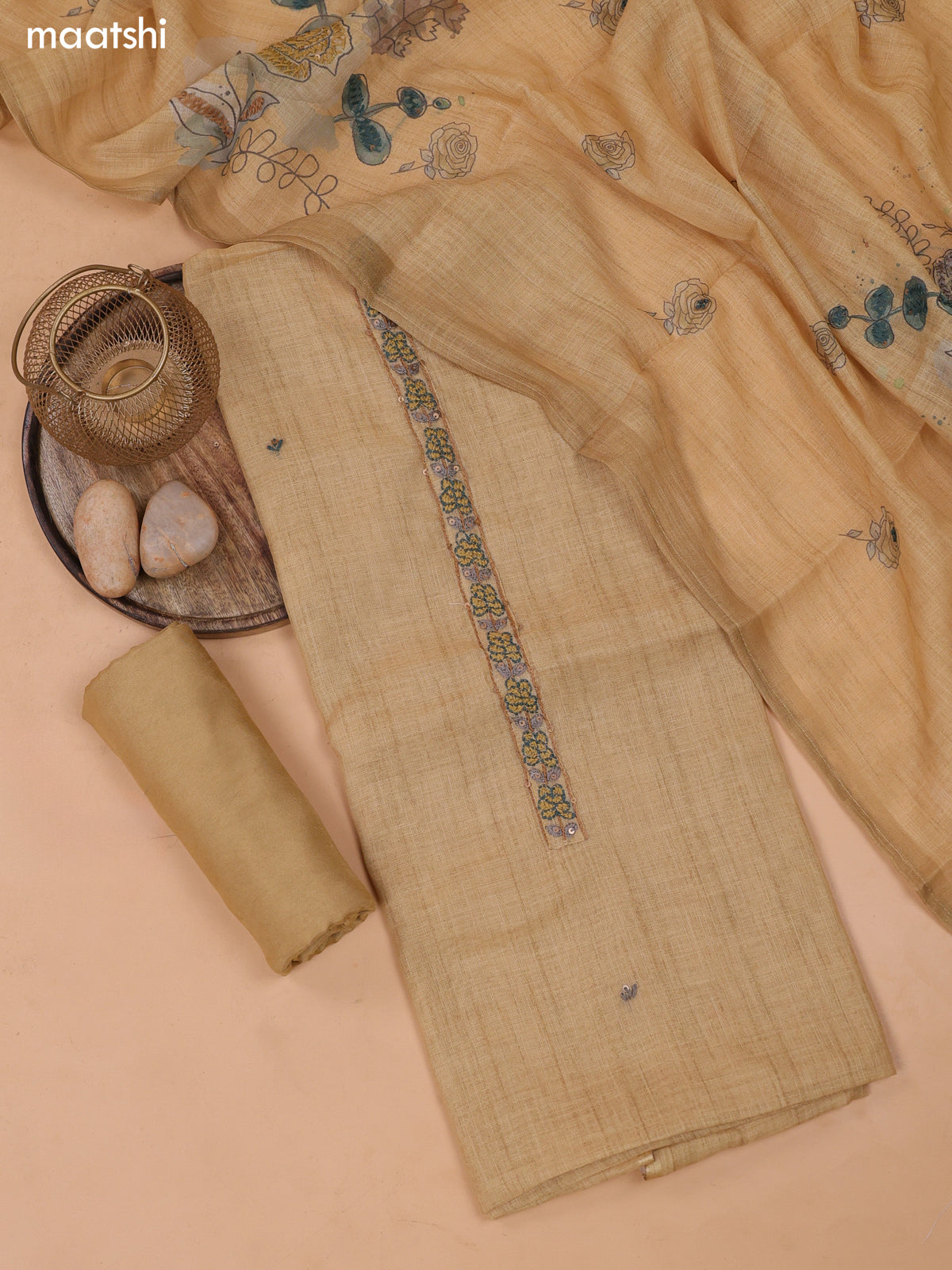 Sandal Linen Cotton Dress Material With Embroidery Work Neck Pattern and Bottom & Dupatta