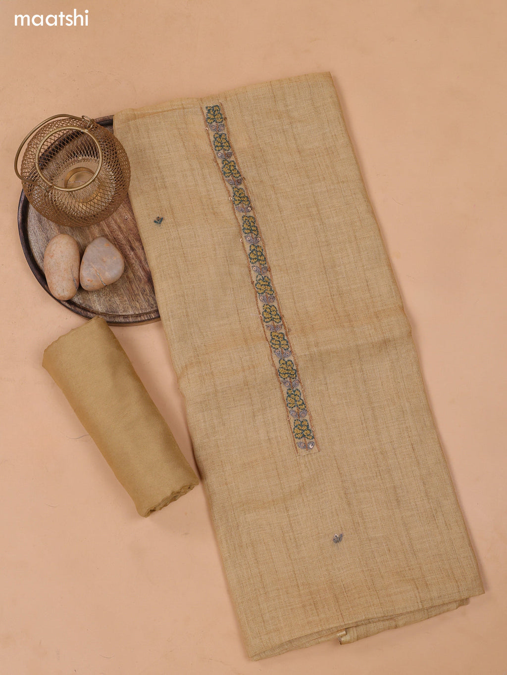 Sandal Linen Cotton Dress Material With Embroidery Work Neck Pattern and Bottom & Dupatta