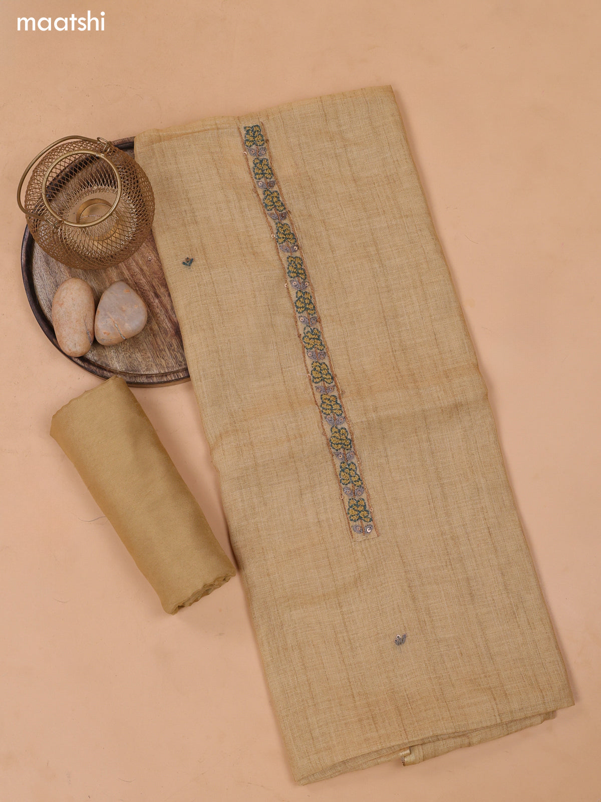 Sandal Linen Cotton Dress Material With Embroidery Work Neck Pattern and Bottom & Dupatta