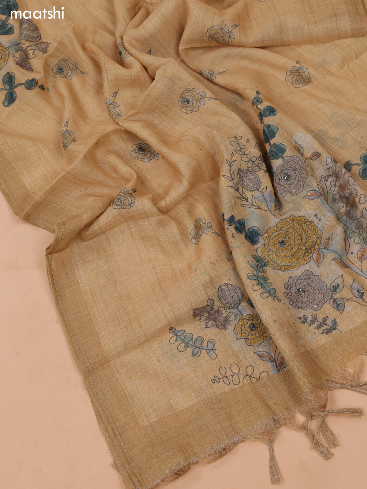 Sandal Linen Cotton Dress Material With Embroidery Work Neck Pattern and Bottom & Dupatta