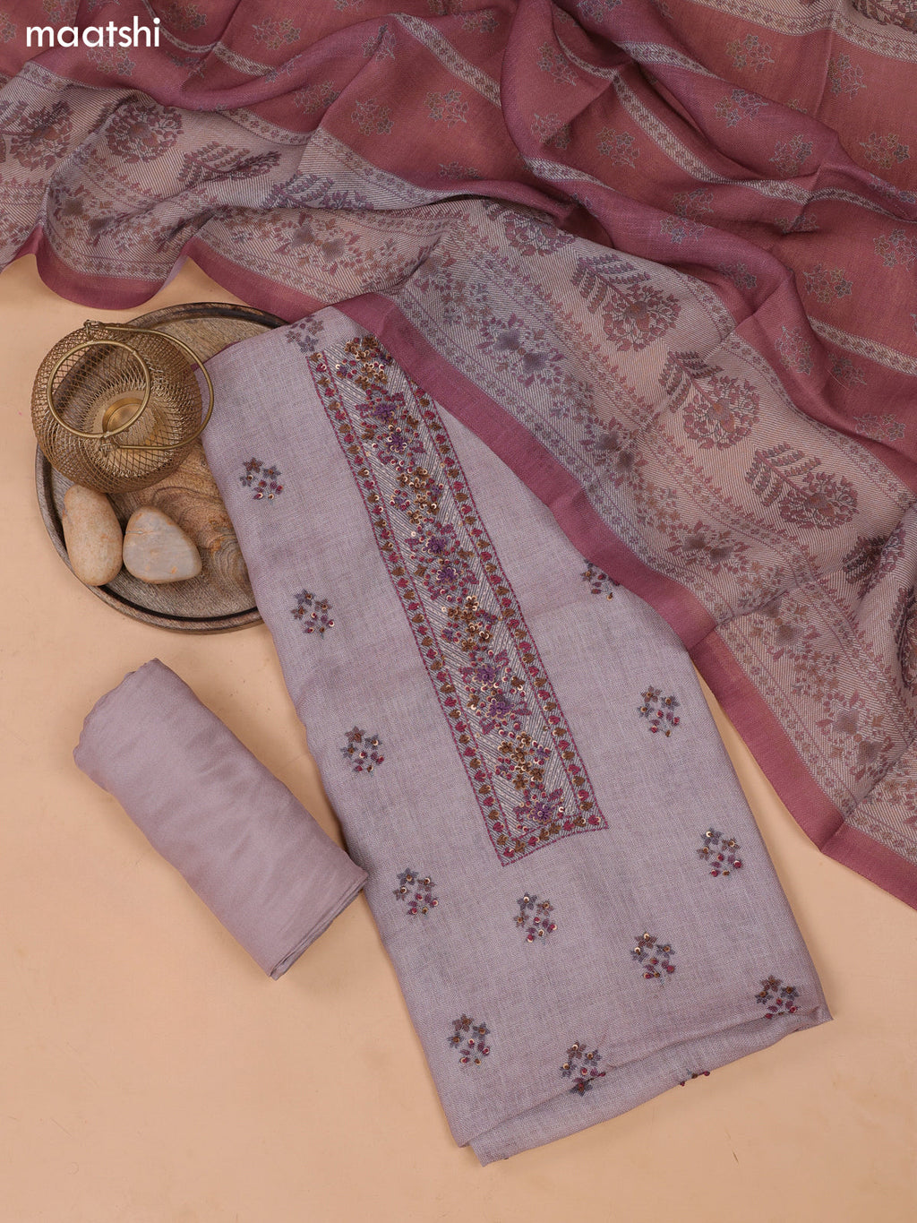 Dark Mauve Pink Linen Cotton Dress Material With Embroidery Work Neck Pattern and Bottom & Dupatta
