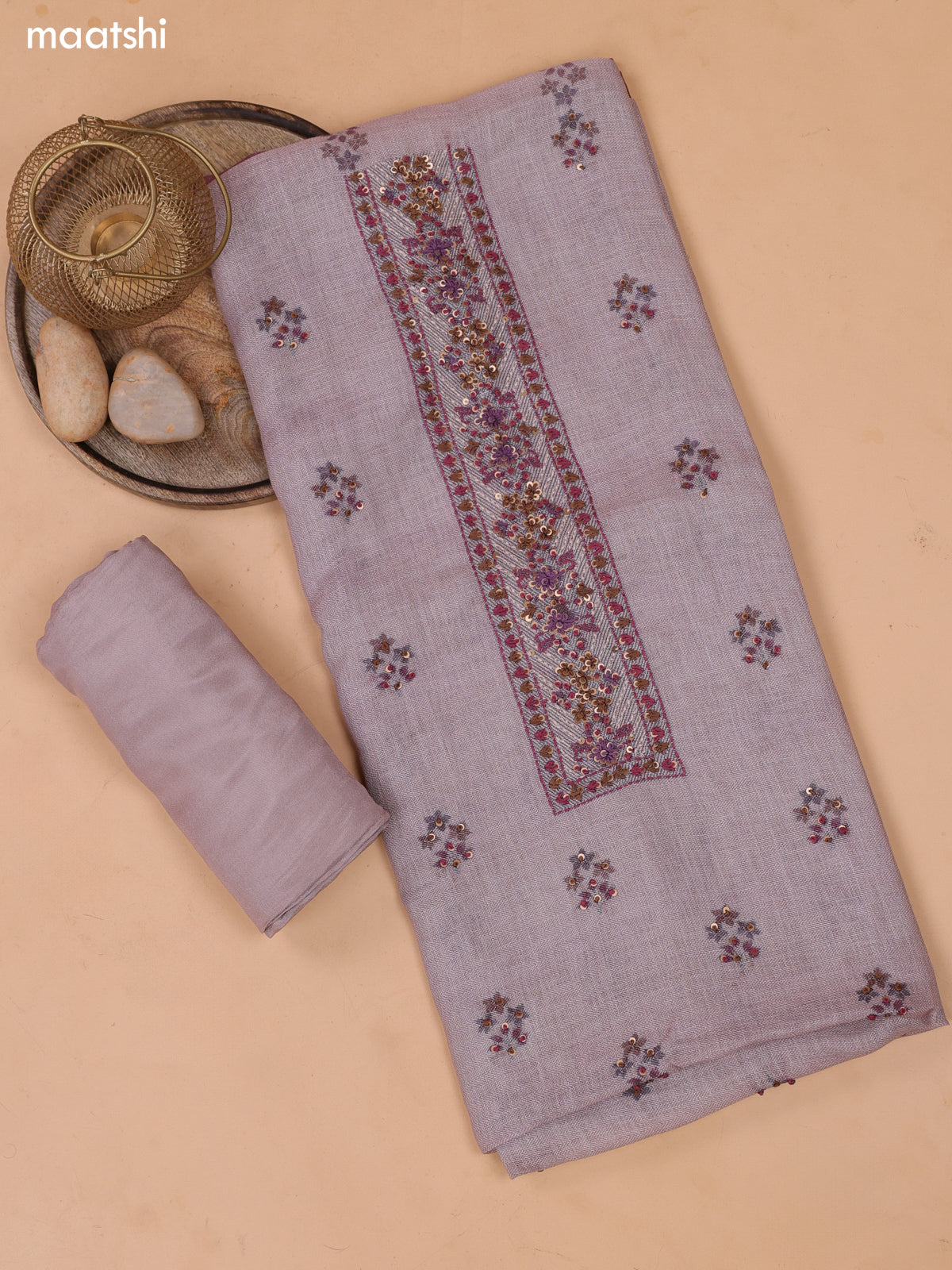 Dark Mauve Pink Linen Cotton Dress Material With Embroidery Work Neck Pattern and Bottom & Dupatta