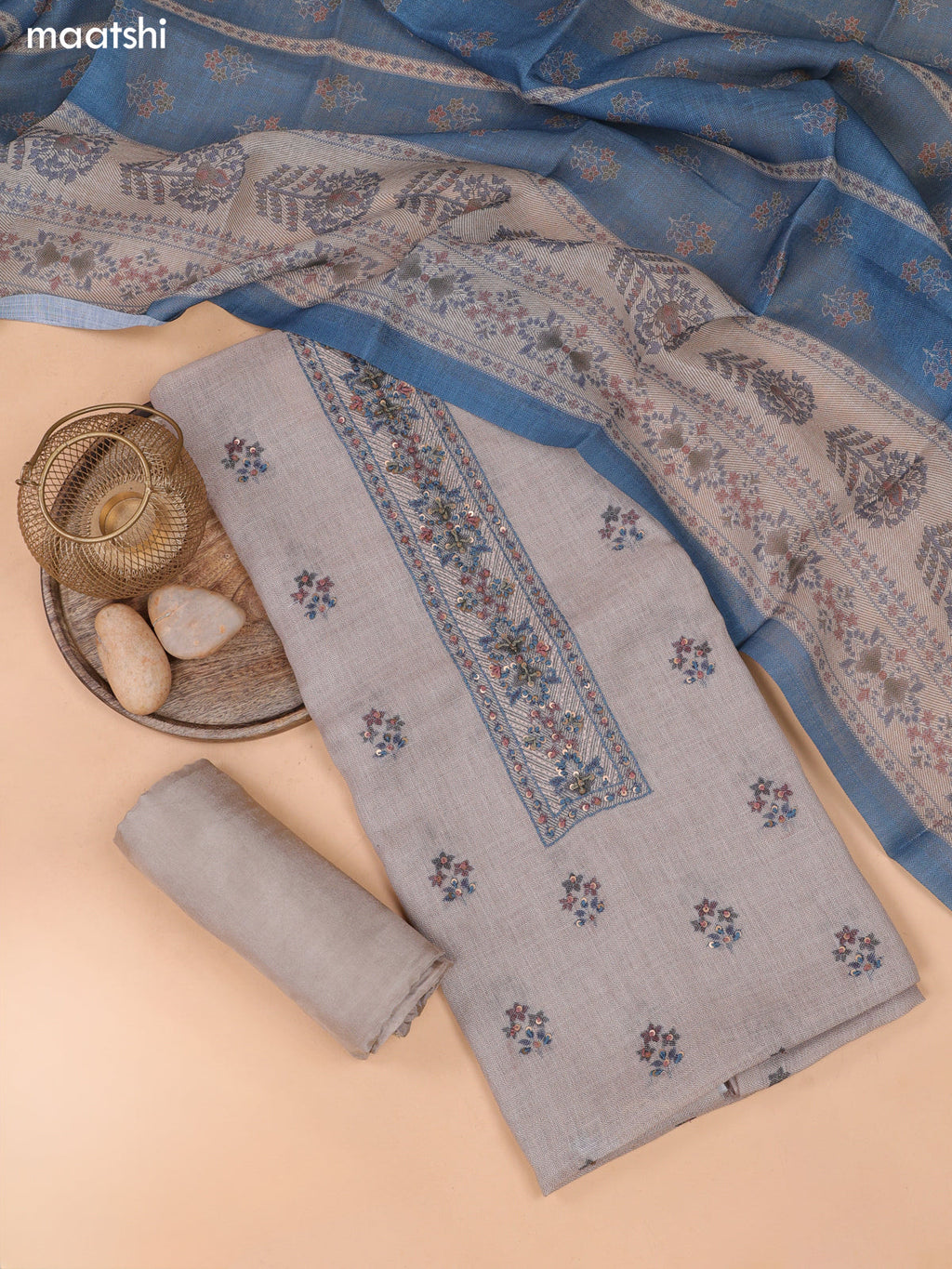Peacock Blue and Beige Linen Cotton Dress Material With Embroidery Work Neck Pattern and Bottom & Dupatta