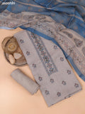 Peacock Blue and Beige Linen Cotton Dress Material With Embroidery Work Neck Pattern and Bottom & Dupatta