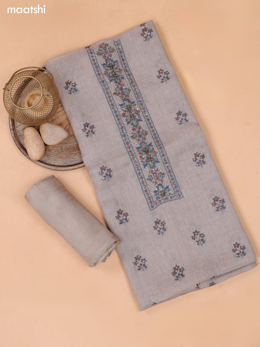 Peacock Blue and Beige Linen Cotton Dress Material With Embroidery Work Neck Pattern and Bottom & Dupatta
