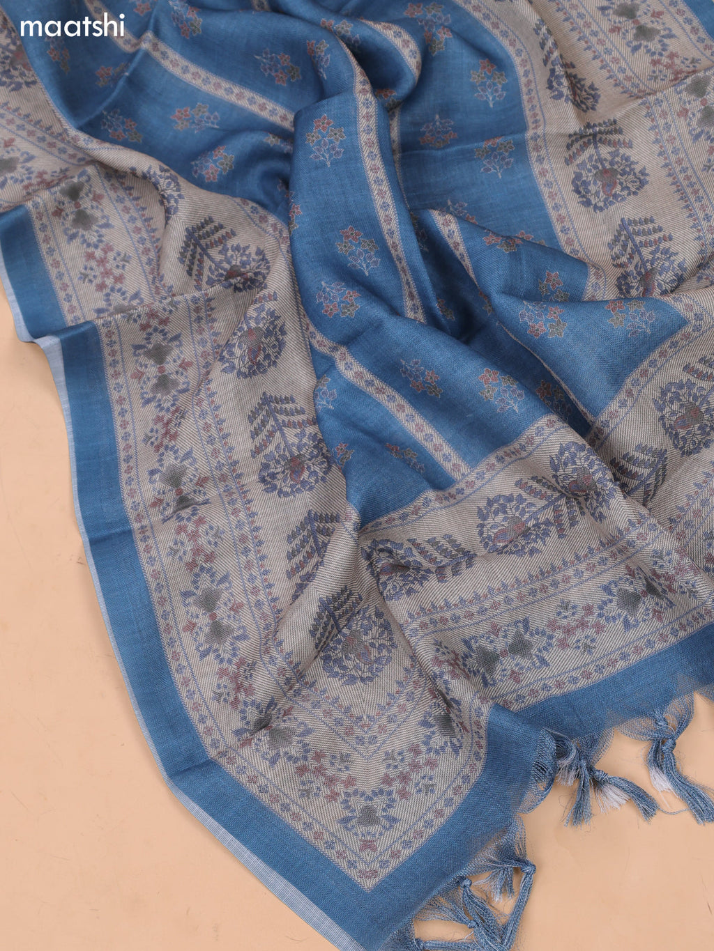 Peacock Blue and Beige Linen Cotton Dress Material With Embroidery Work Neck Pattern and Bottom & Dupatta