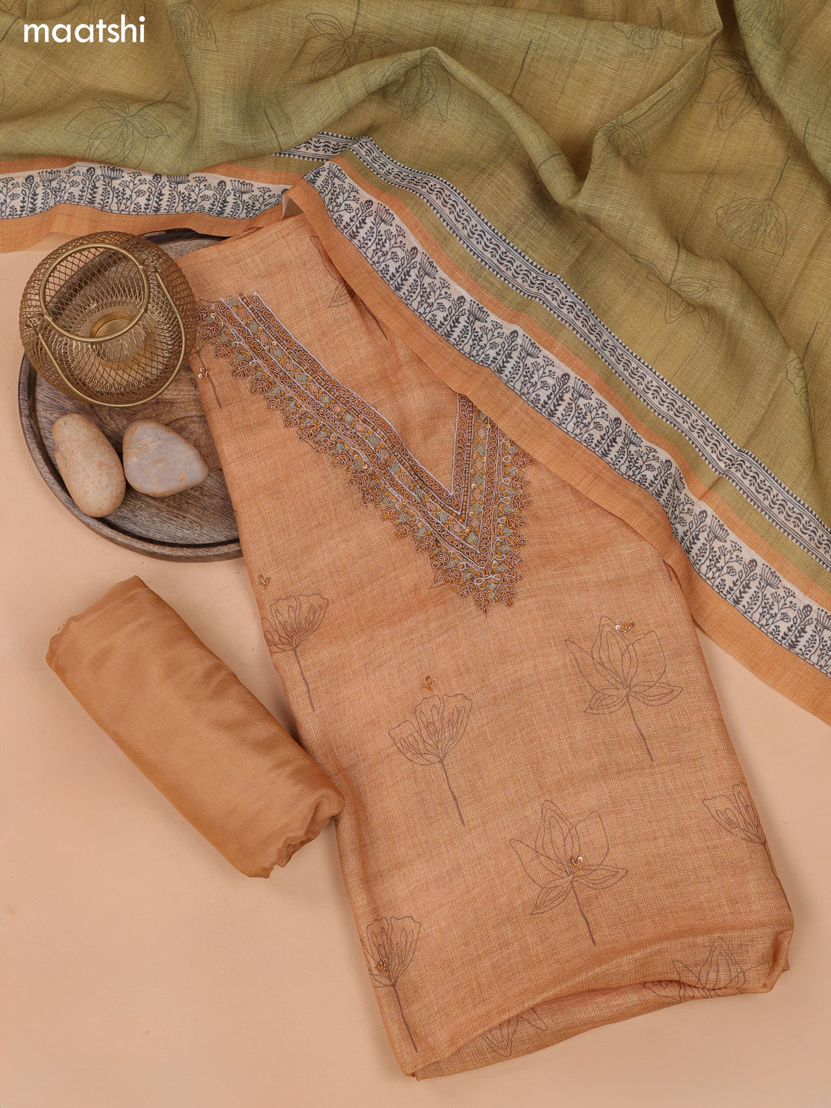Sandal and Mehendi Green Linen Cotton Dress Material With Floral Prints & Zardosi Work Neck Pattern and Bottom & Dupatta